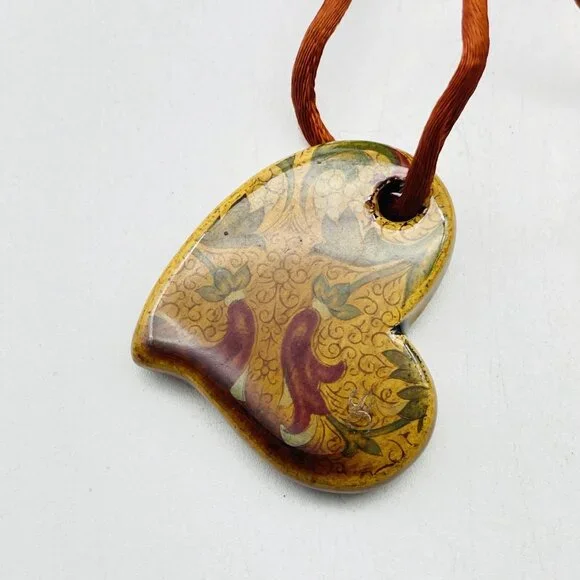Artisan Heart Pendant Necklace Signed SC Natural Stone Cord Boho Southwest Style - Picture 4 of 8